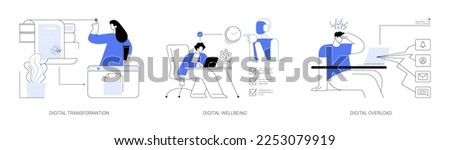 Business digitalization abstract concept vector illustration set. Digital transformation, office wellbeing, digital overload, paperless workflow, social media time tracking app abstract metaphor.