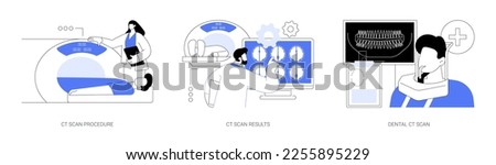 Diagnostic radiology abstract concept vector illustration set. Computed tomography procedure, CT scan results, panoramic dental X-ray, medical examination in hospital abstract metaphor.