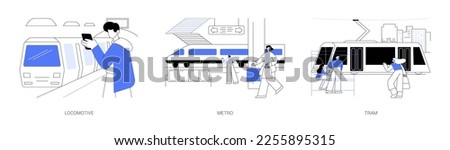 Railborne Evs abstract concept vector illustration set. Locomotive train, metro passengers, people waiting for electric tram, ecology-friendly sustainable urban public transport abstract metaphor.