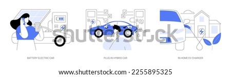 Electric car abstract concept vector illustration set. Battery electric car, plug-in hybrid vehicle, in-home EV charger, gas station, eco-friendly sustainable urban transportation abstract metaphor.