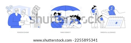 Family budget abstract concept vector illustration set. Pension scheme, family benefit, parental allowance, retirement plan, payment per child, maternity leave, finance adviser abstract metaphor.