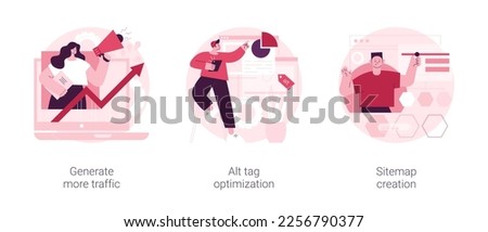 SEO online service abstract concept vector illustration set. Generate more traffic, alt tag optimization, sitemap creation, page navigation, search engine, marketing research abstract metaphor.