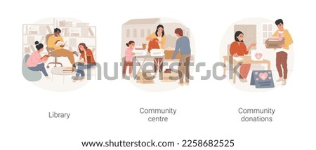 Community living isolated cartoon vector illustration set. People in a local library, sitting together in reading room, community center, charity and donations, volunteering vector cartoon.