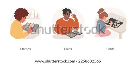 Collecting items isolated cartoon vector illustration set. Boy collecting rare stamps, man with coints collection holder album, trading sport cards collector, classic hobby vector cartoon.