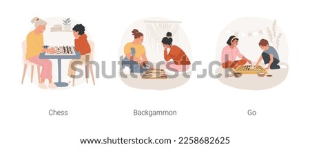 Board games isolated cartoon vector illustration set. Child play chess with grandmother, backgammon night, go board game, mental development, mind challenge, leisure activity vector cartoon.