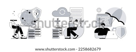 Online data access and security abstract concept vector illustration set. Proxy server, backup server, cyber insurance, computer networking, IP address, IT security, data hacking abstract metaphor.