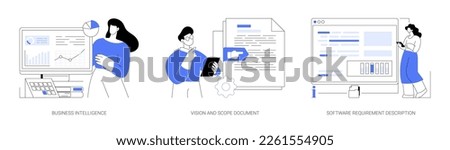 Business analysis abstract concept vector illustration set. Business Intelligence, vision and scope document, software requirement description, software agile project management abstract metaphor.