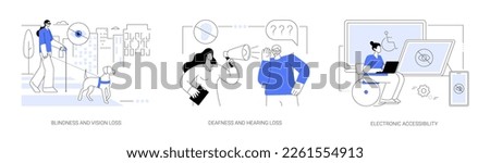 Communication technology for disabled people abstract concept vector illustration set. Blindness and vision loss, deafness, electronic device accessibility, hearing problem abstract metaphor.