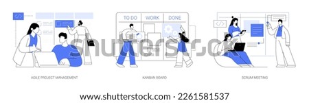 Software development planning abstract concept vector illustration set. Agile project management, kanban board, stand up scrum meeting in office, manage IT project, teamwork abstract metaphor.