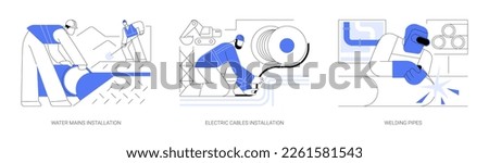 Underground utility installation abstract concept vector illustration set. Water mains installation, electric cables, welding pipes, excavation work, data cables, telecommunication abstract metaphor.