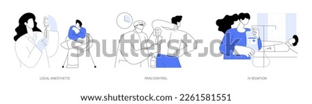 Anesthesiology in emergency room abstract concept vector illustration set. Local anesthetic, chronic pain control, IV sedation, critical care medicine, nurse gives drugs by dropper abstract metaphor.