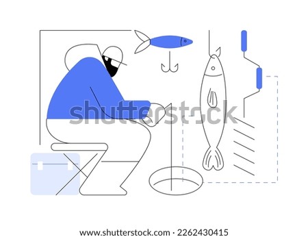 Ice fishing abstract concept vector illustration. Winter outdoor activities, ice fishing tools, equipment shop online, fisherman advice, catching, frozen lake, travel and hobby abstract metaphor.