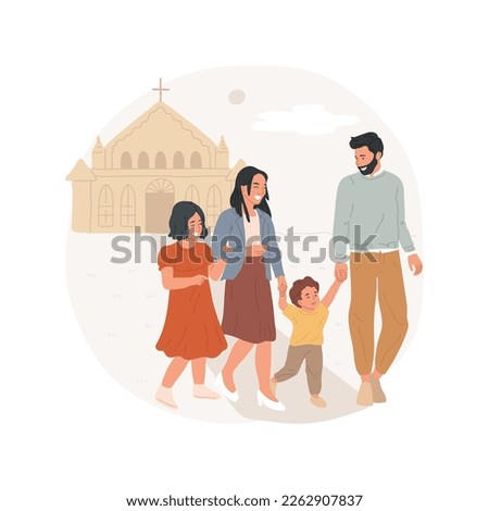 Attending church isolated cartoon vector illustration. Family with kids going to church, instilling faith from childhood, everyday Christian belief rituals, devotion to faith vector cartoon.