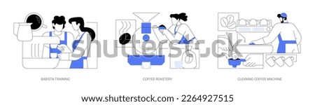 Coffee shop abstract concept vector illustration set. Barista training, beans roastery, cleaning coffee machine, hot espresso and cappuccino, cafe appliance, horeca business abstract metaphor.