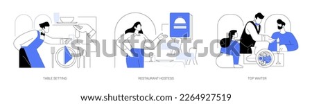 Fine dining restaurant abstract concept vector illustration set. Table setting, restaurant hostess, top waiter, serving standards, greeting guests, lighting candles, tasty meal abstract metaphor.