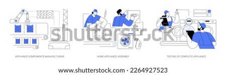 Home appliance manufacturing abstract concept vector illustration set. Appliance components, household devices assembling, testing of complete appliance, conveyor belt at factory abstract metaphor.