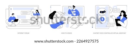 Web services abstract concept vector illustration set. Internet forum, how-to videos, chatbot voice controlled virtual assistant, chat message, interactive online learning abstract metaphor.