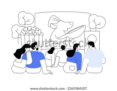 Open air cinema abstract concept vector illustration. Open air movie theater, backyard cinema, watch film outdoors, drive-in service, buy tickets online, rent inflatable screen abstract metaphor.