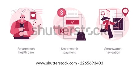 Smart accessories abstract concept vector illustration set. Smartwatch health care, payment with wearable device, navigation software, smart tracker, get directions, body monitor abstract metaphor.