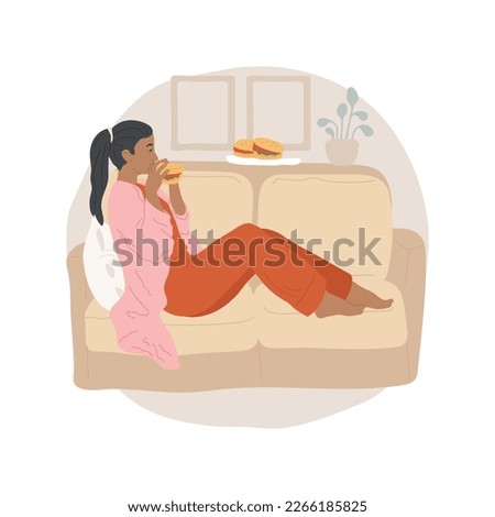 Overeating before bed isolated cartoon vector illustration. Young woman eating big sandwich lying on a sofa, binge eating, sleep hygiene, adults nutrition problem vector cartoon.