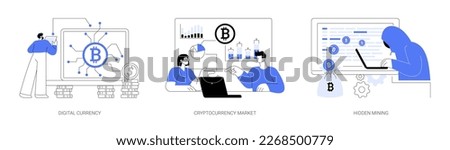 Digital money turnover abstract concept vector illustration set. Digital currency, cryptocurrency market, hidden mining, embed script development, blockchain technology, transaction abstract metaphor.