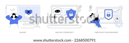 Antivirus security and protection abstract concept vector illustration set. Malware program, industrial cybersecurity, cyber security risk management, digital threat, spyware abstract metaphor.