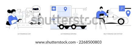 Autonomous vehicle abstract concept vector illustration set. Autonomous car driving, self-parking car system, test-drive, future transport system, smart technology, robotic vehicle abstract metaphor.