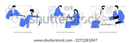 Company documentation abstract concept vector illustration set. Partnership agreements, employment work contract, contractor documents, corporate paperwork, legal business abstract metaphor.