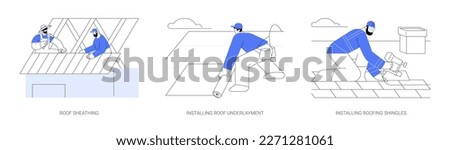 Private house roofing abstract concept vector illustration set. Roof sheathing, installing roof underlayment and shingles, contractors setting tiles, residential area construction abstract metaphor. ストックフォト © 