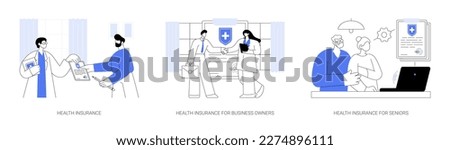 Insurance company service abstract concept vector illustration set. Health insurance, medical protection for business owners, health and life policy for seniors, meeting with doctor abstract metaphor.