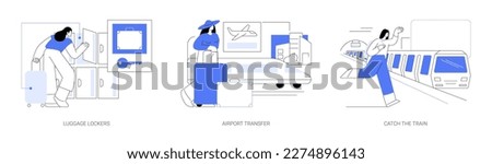 Travelling by train abstract concept vector illustration set. Luggage lockers facility, waiting for airport transfer, passenger catch the train, public transport service abstract metaphor.