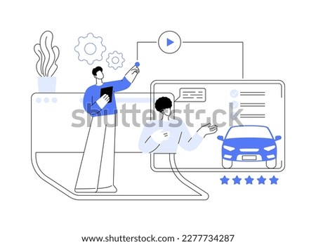 Car review video abstract concept vector illustration. Car review, test-drive video channel, online auto advertising, comparing features, model information, features overview abstract metaphor.