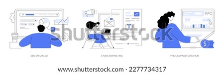 Digital marketing services abstract concept vector illustration set. SEO specialist, E-mail marketing, PPC campaign creation, context ads, digital marketing, advertising agency abstract metaphor.