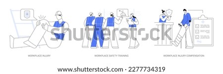 Occupational health abstract concept vector illustration set. Workplace injury, safety training, employee getting injury compensation at work, insurance case, job accident abstract metaphor.