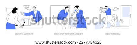 Career problems abstract concept vector illustration set. Conflict at a workplace, breach of an employment agreement, employee dismissal, HR management, get fired, staff reduction abstract metaphor.