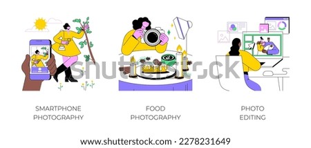 Photography as a hobby isolated cartoon vector illustrations set. Holding smartphone, taking picture, make professional food photos, use editing software, image processing vector cartoon.