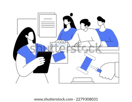 Representing client in trial abstract concept vector illustration. Lawyer presents evidence in court, question witness, court hearing, business people, legal service abstract metaphor.