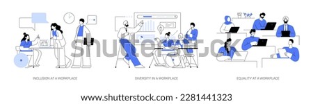 Teamwork organization abstract concept vector illustration set. Inclusion at a workplace, diversity and equality in work team, HR management, human resource, career building abstract metaphor.