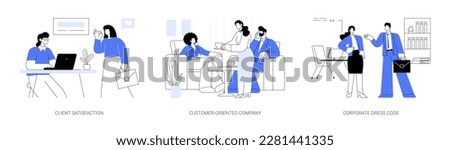 Corporate culture abstract concept vector illustration set. Client satisfaction, customer-oriented company, corporate rules and dress code, business etiquette, company rules abstract metaphor.