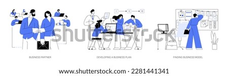 Raising money for startup abstract concept vector illustration set. Business partner, develop business plan, finding model and investment strategy, cooperation and collaboration abstract metaphor.