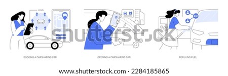 Carsharing service abstract concept vector illustration set. Booking a carsharing car, open vehicle with smartphone app, refilling fuel at the gas station, rental urban vehicle abstract metaphor.