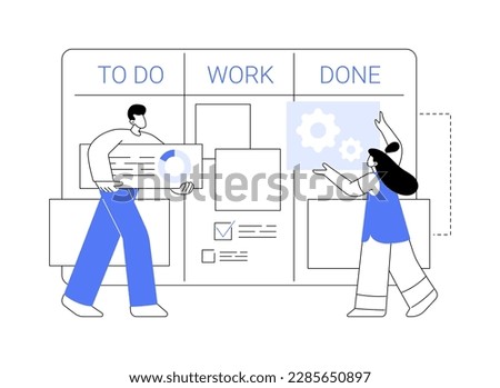 Kanban board abstract concept vector illustration. IT company worker uses kanban board to manage project, organization process, development progress, information on assignments abstract metaphor.