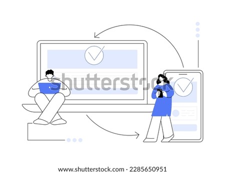 Cross-device syncing abstract concept vector illustration. All device synching, software testing operation, cross-device synchronization, website mobile and desktop versions abstract metaphor.