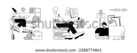 Independent entrepreneur abstract concept vector illustration set. Become a freelancer, copywriting service, voice over recording studio, writing article, narration, digital nomad abstract metaphor.