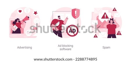 Internet promotion campaign abstract concept vector illustration set. Advertising, Ad blocking software, spam malware spreading, browser extension, mail filter, target audience abstract metaphor.