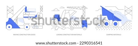 Heavy construction machinery abstract concept vector illustration set. Moving construction goods, loading building materials, dump truck unloading gravel, industrial transport abstract metaphor.