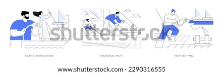 Yachts for racing and cruising abstract concept vector illustration set. Yacht steering system, anchor sailboat, luxury vessel entering marina, nautical trip, sailing holiday abstract metaphor.