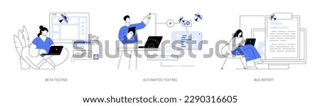 Quality assurance team abstract concept vector illustration set. Beta testing, automated testing, bug report, app development, demo version of software, IT company worker abstract metaphor.