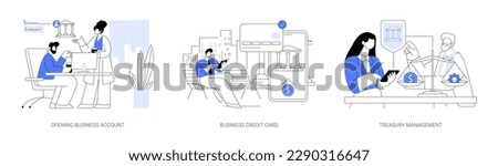 Bank services for business abstract concept vector illustration set. Opening business account, credit card, treasury management, commercial bank, financial literacy, cash management abstract metaphor.