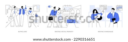 Real estate deals abstract concept vector illustration set. Buying land, renting a retail property and a warehouse, realtor services and brokerage company, money investment abstract metaphor.